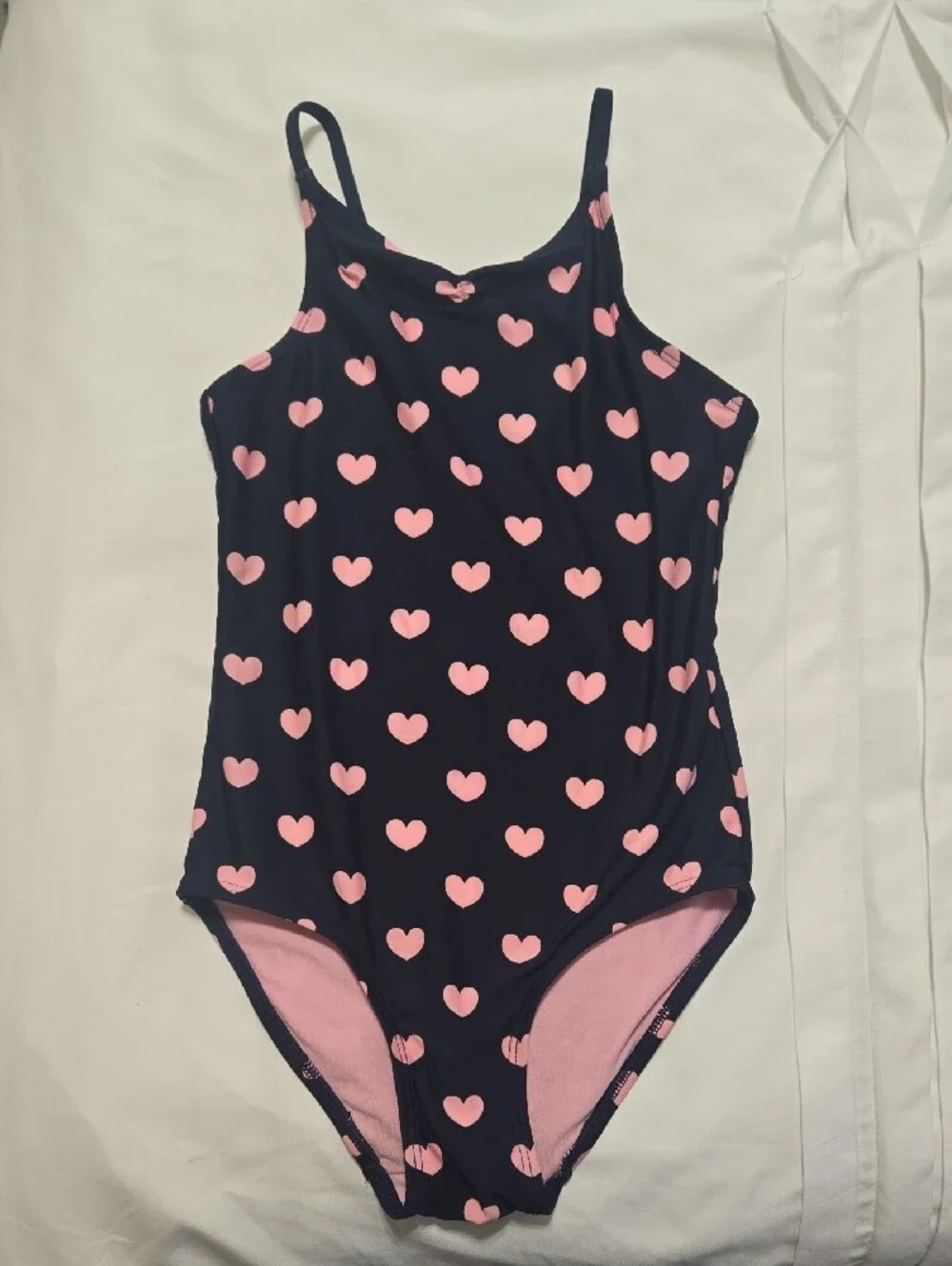 Girls' Navy One-Piece Swimsuit with Pink Heart Print